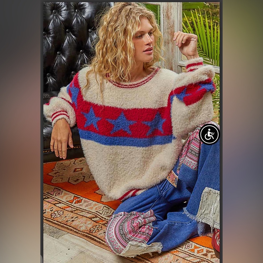 &- Pol Cozy Star Pattern Sweater - Red, Blue, Cream